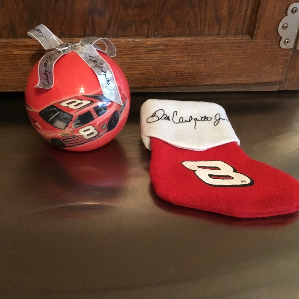 Dale Earnhardt Jr Christmas ornament and stocking.